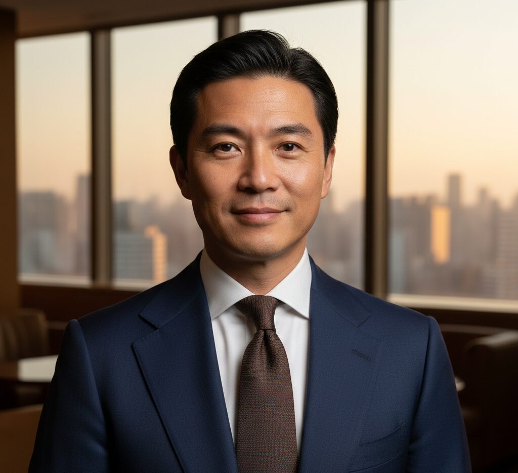 重要なプレゼンテーションでボルドー色のネクタイを締め、情熱とリーダーシップを表現する40代日本人男性