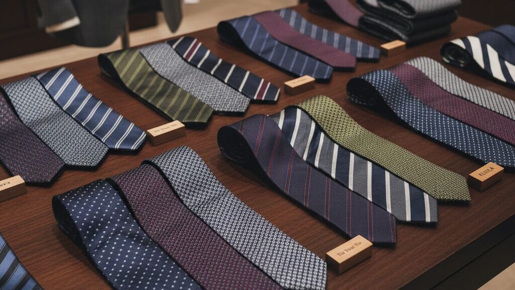 2025年のトレンドであるブラウンやカーキなどアースカラーのネクタイが並ぶ、洗練されたブティックのディスプレイ