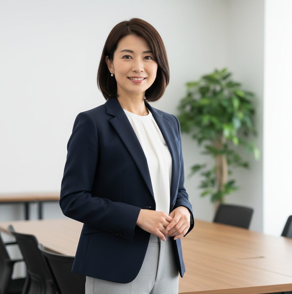 40代の日本人女性がオフィスでネイビーのテーラードジャケットとライトグレーのパンツを着用し、インナーに白のブラウスを合わせた、清潔感のあるジャケパンスタイルの上半身アップ。