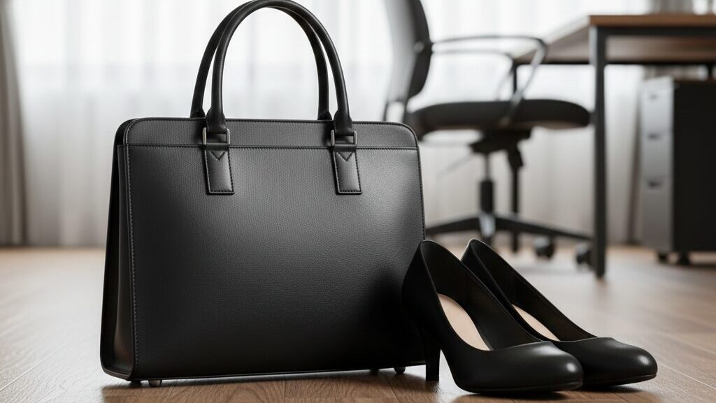 黒のシンプルなパンプス（ヒール高4cm程度）と、A4書類が入る自立型の黒いビジネスバッグの静物写真。靴はきれいに磨かれている