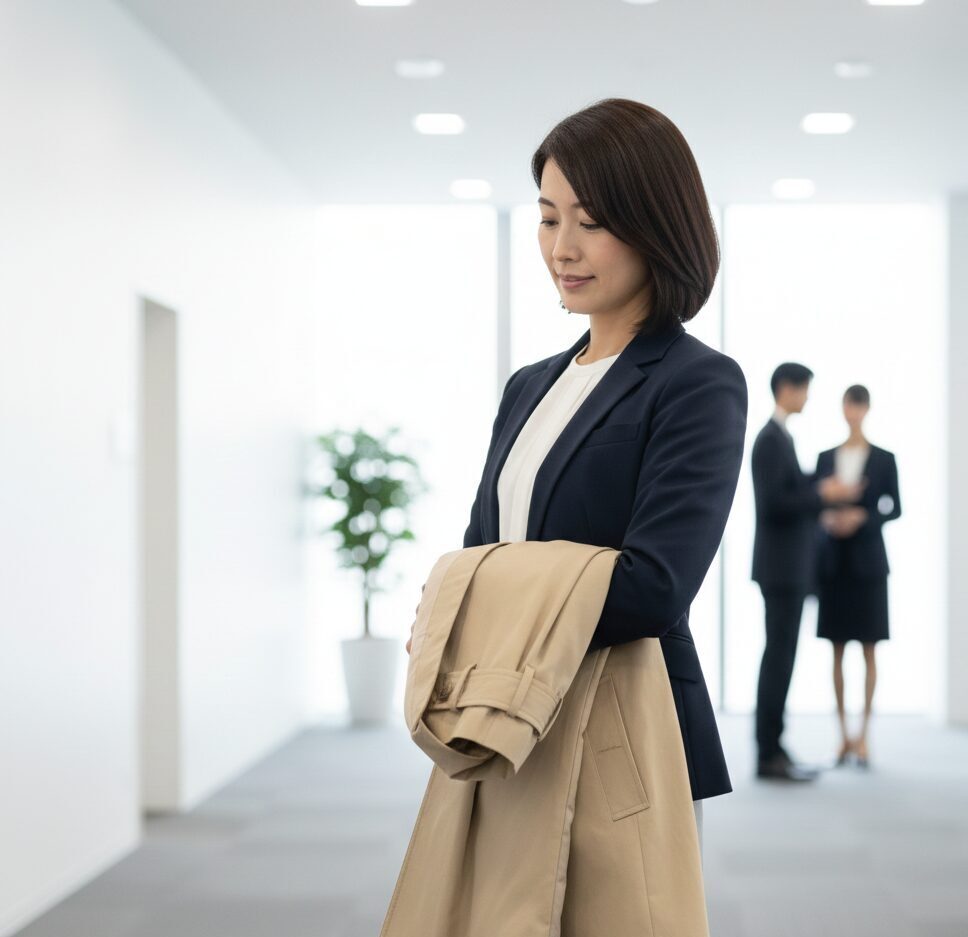 40代の日本人女性が、脱いだトレンチコートを裏地を表にして縦にきれいに折りたたみ、腕にかけている状態を描写したマナーイラスト風の画像。