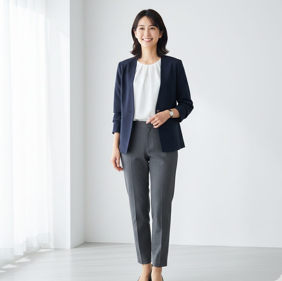 40代の日本人女性がユニクロのスマートアンクルパンツとブラウスを着用し、足元にGUのマシュマロパンプスを履いた、機能的で高見えする全身面接コーデ。