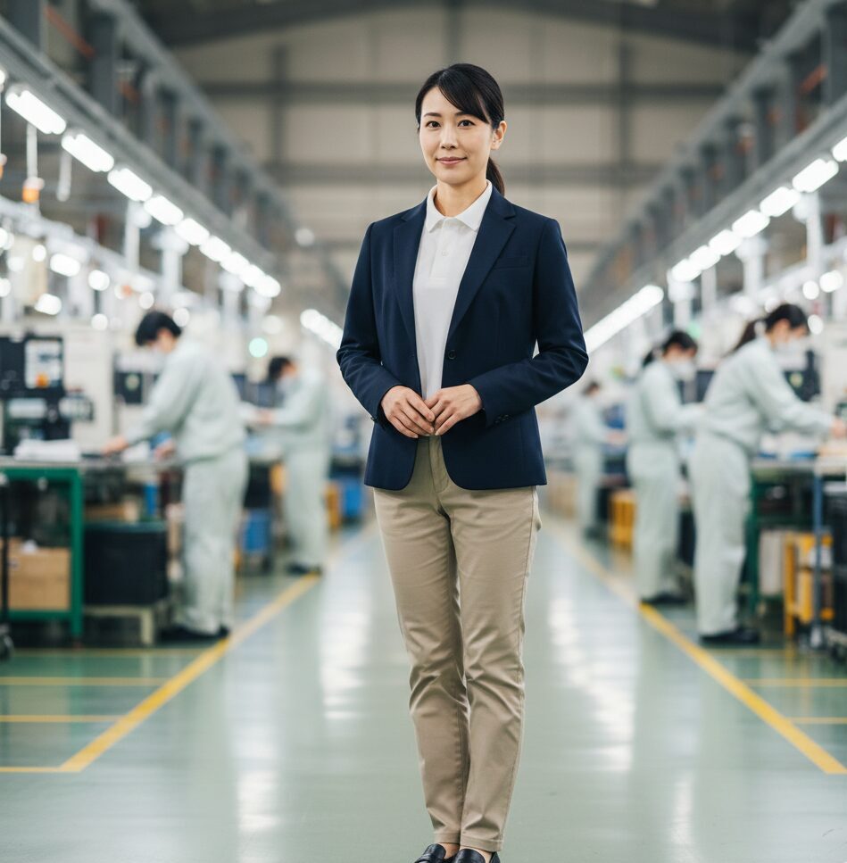40代の日本人女性がジャケットとチノパン、ヒールのないローファーを着用し、作業現場を背景に、安全意識と真面目さが伝わるような立ち姿