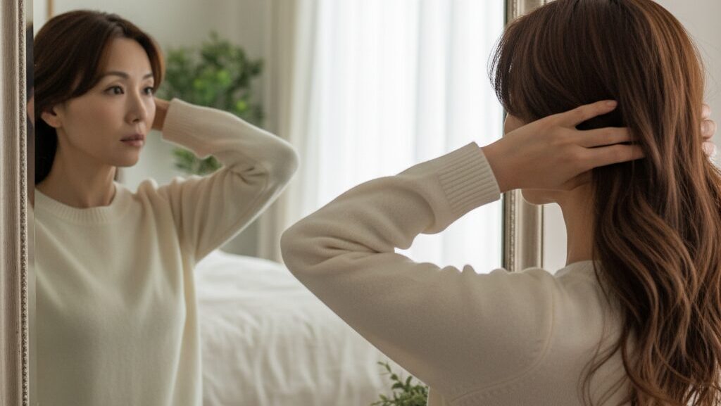 鏡の前でポニーテールにしようか悩んでいる40代の日本人女性