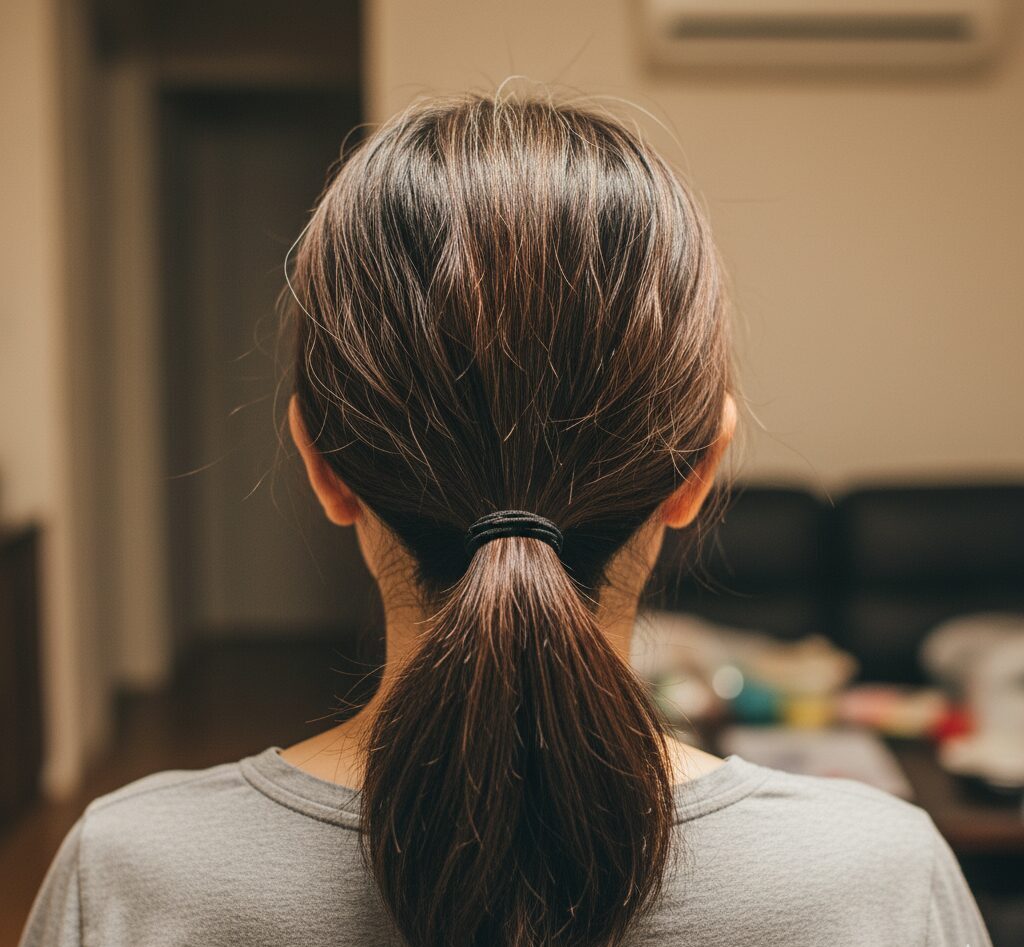 トップがぺたんこでパサついた印象の、40代女性のNGなポニーテールの後ろ姿
