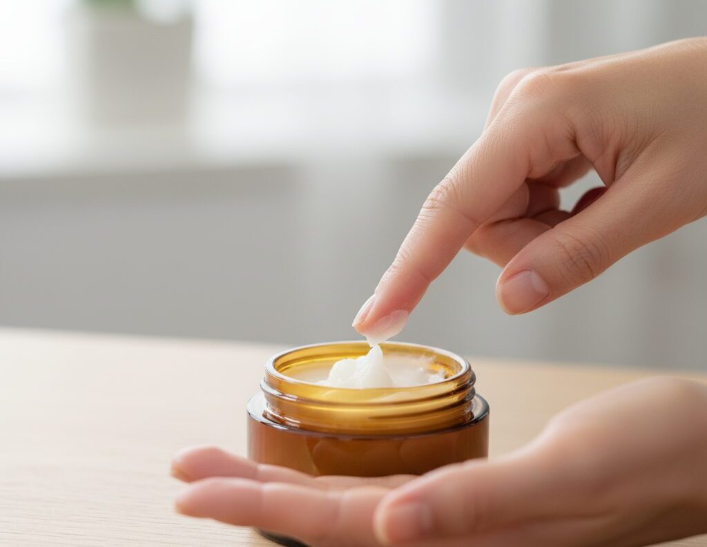 40代日本人女性の手が、ジャータイプのヘアバームを指で取っているクローズアップ