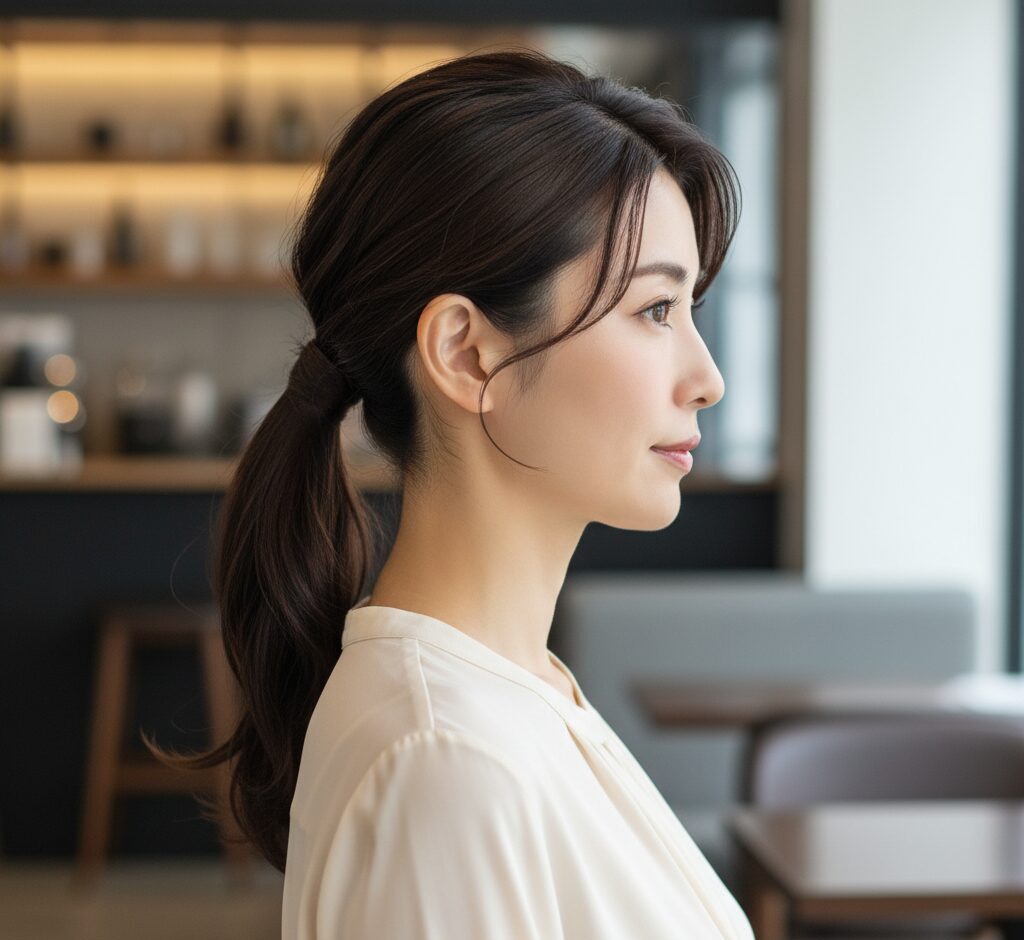 上品な低い位置のポニーテール（ローポニー）をした40代日本人女性の洗練された横顔