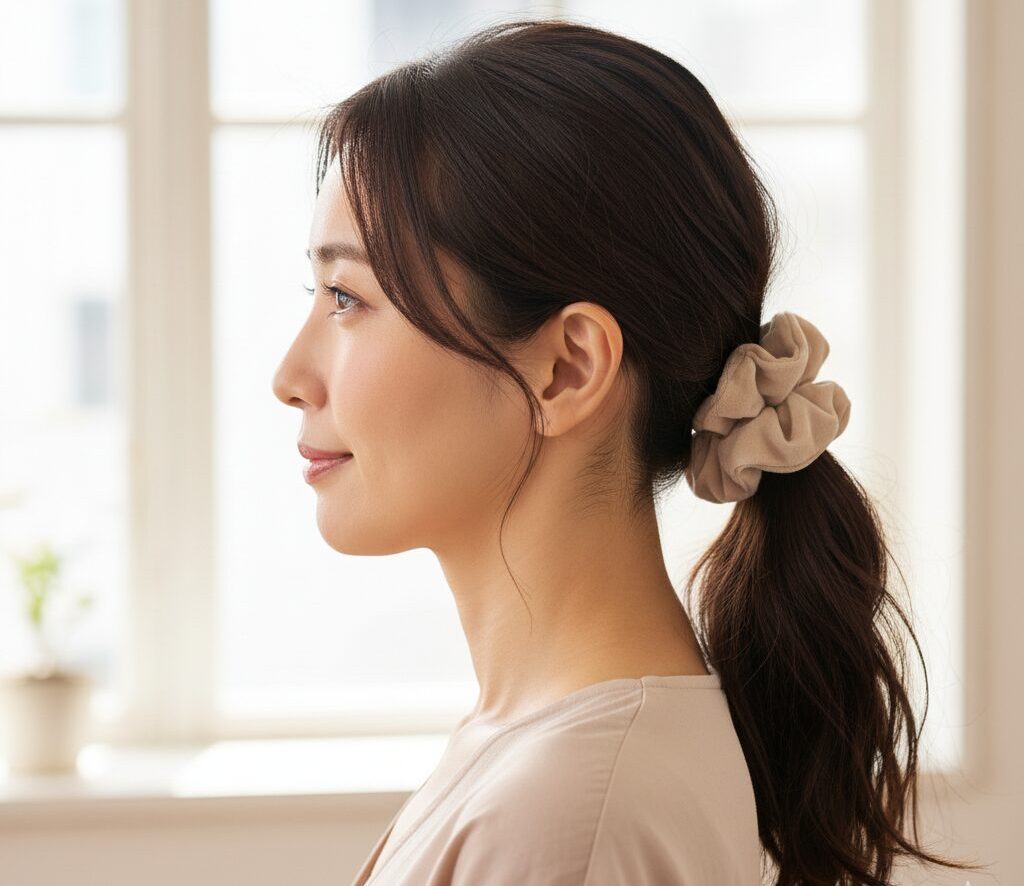 柔らかい布製のシュシュで、髪をゆるく快適にまとめている40代日本人女性