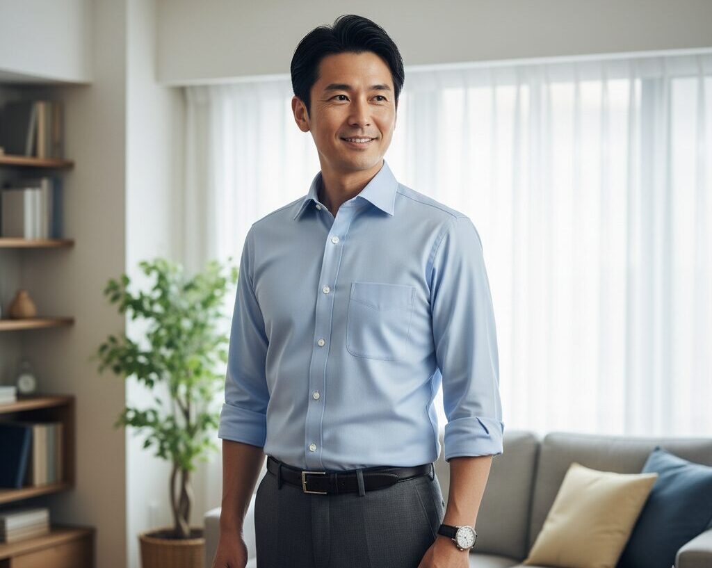 清潔感があり自信に満ちた40代日本人男性のイメージ