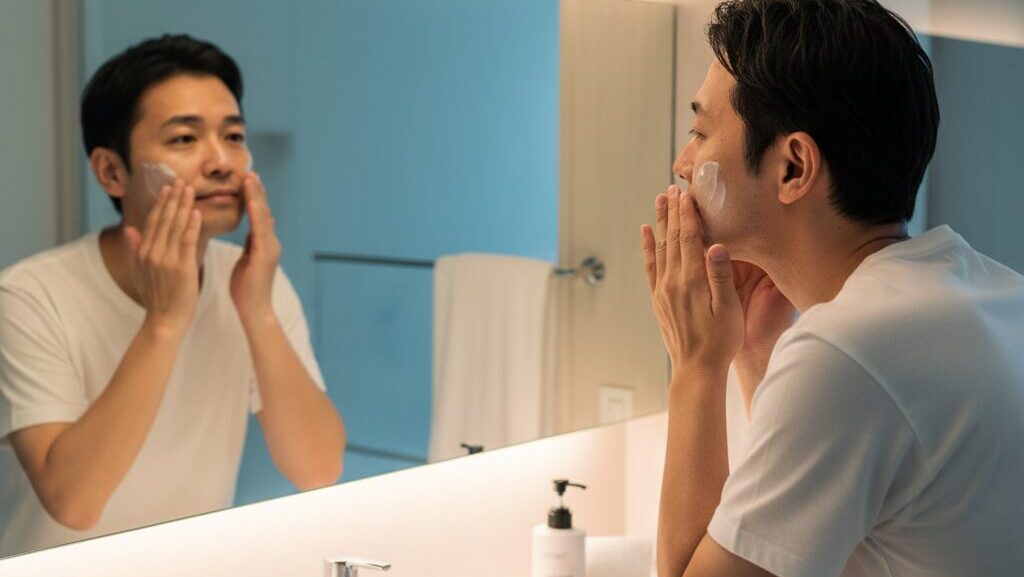 40代男性が洗顔後に保湿（スキンケア）をしている様子