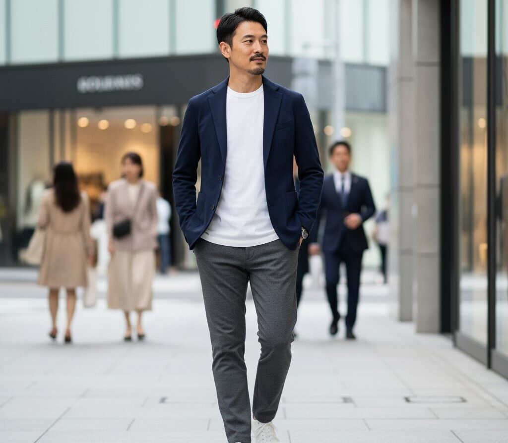 40代男性の品格がある3色コーデ（ネイビージャケットと白Tシャツ）