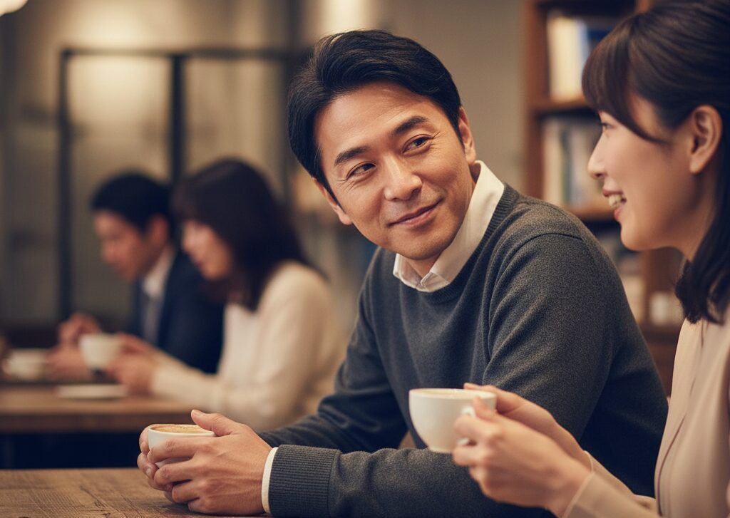 相手の話に耳を傾ける知的な40代男性（聞き上手な会話）