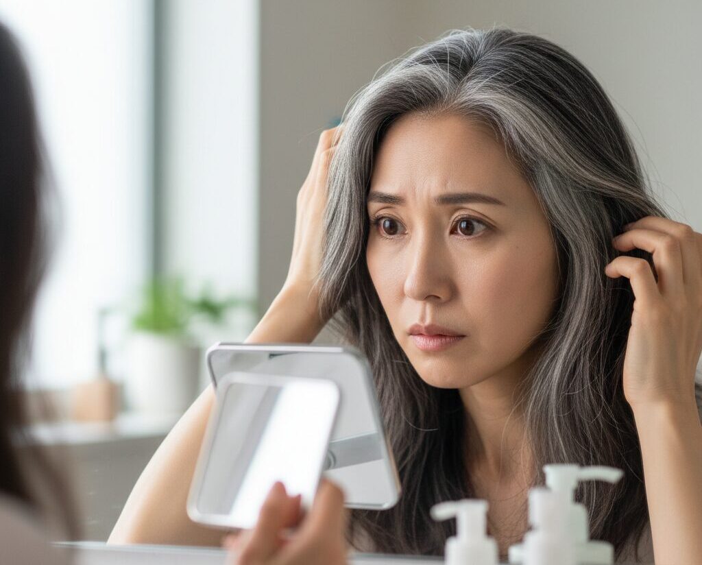 鏡を見ながら分け目の白髪を心配そうに確認する40代の日本人女性