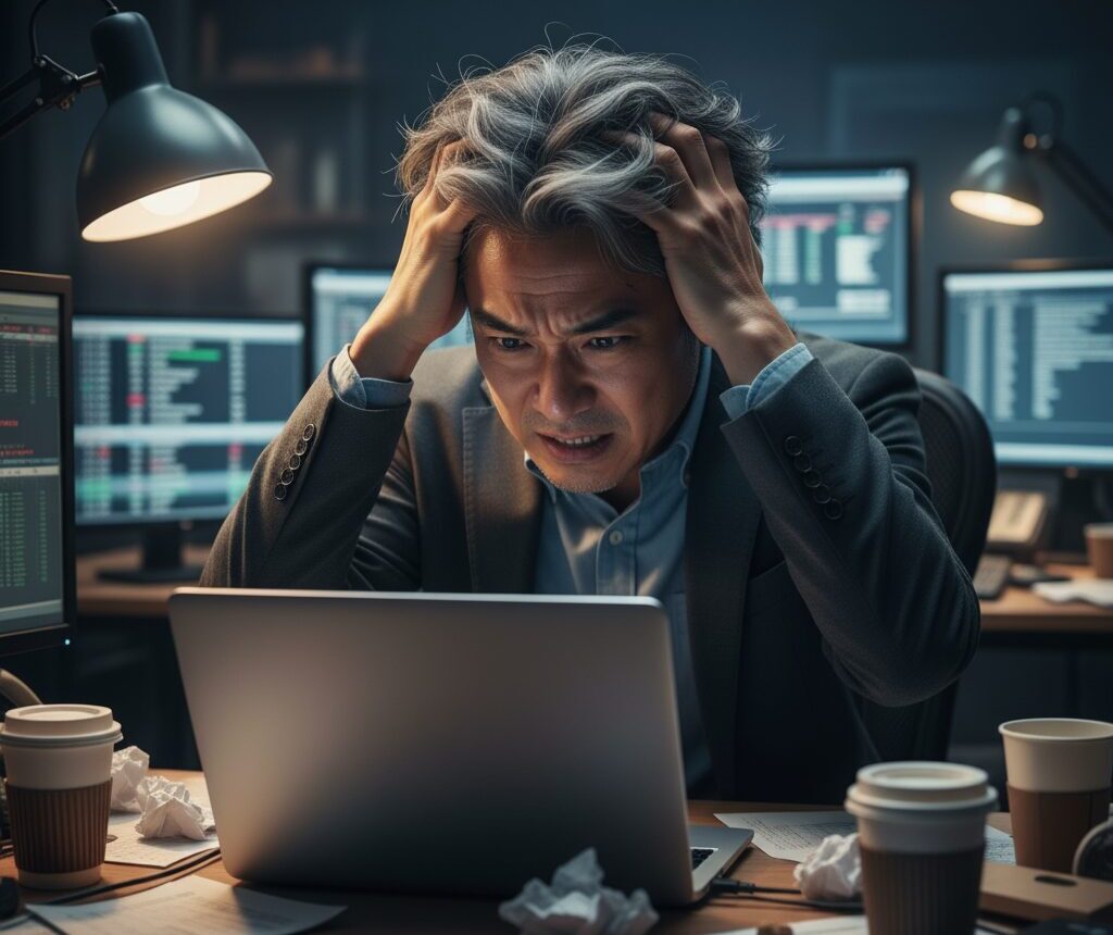 仕事中にストレスを感じ、髪をかきむしる40代の日本人男性