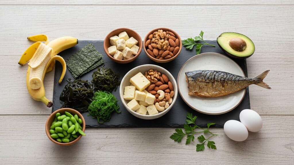 白髪予防に良いとされる食べ物（チーズ、ナッツ、海藻、サバ）のフラットレイ