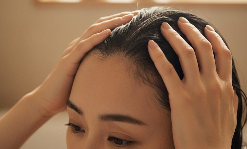 爪を立てず、指の腹を使って優しく頭皮マッサージをする女性の手元