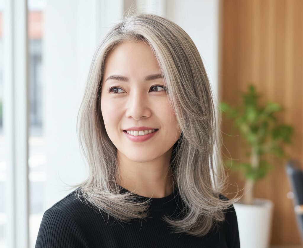 「白髪ぼかし」のハイライトが綺麗にブレンドされた40代日本人女性の髪と笑顔