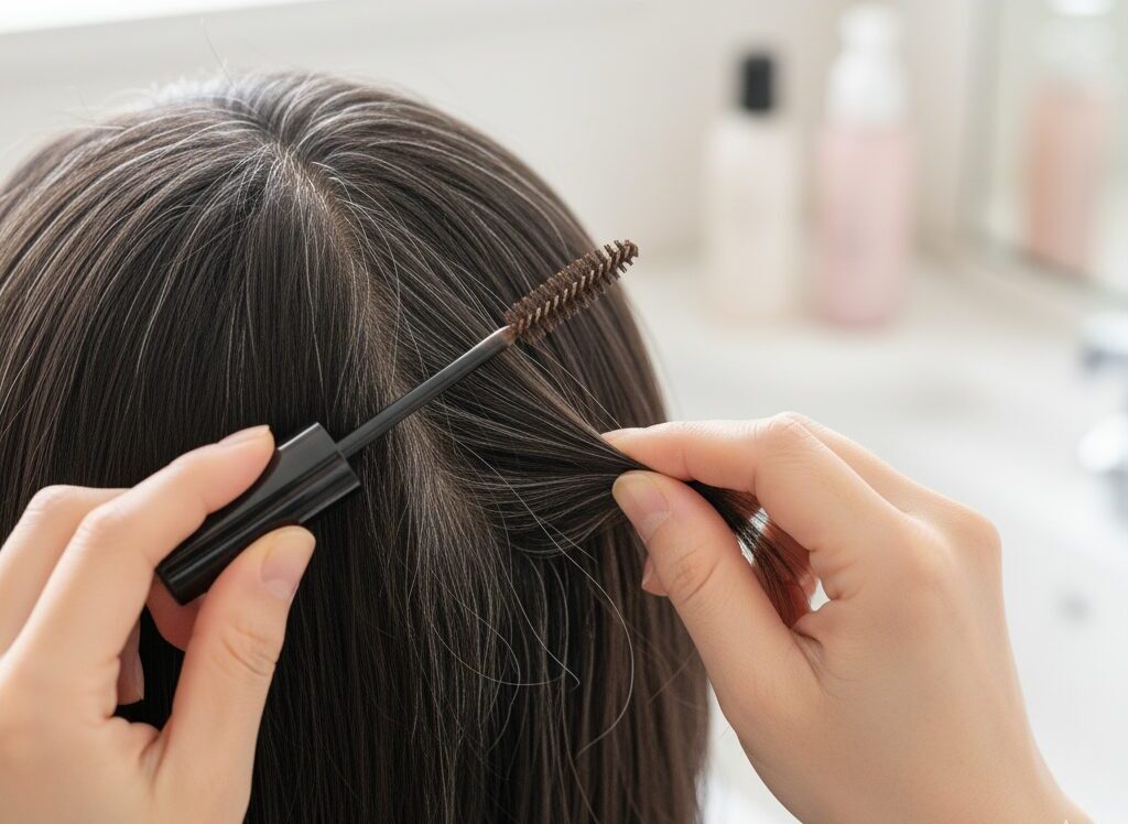 髪の分け目にある白髪を、ヘアマスカラ（白髪隠し）で塗って隠している様子