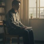 40代の絶望感について物思いにふける日本人男性と差し込む光