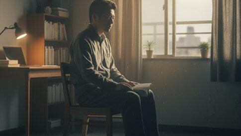 40代の絶望感について物思いにふける日本人男性と差し込む光