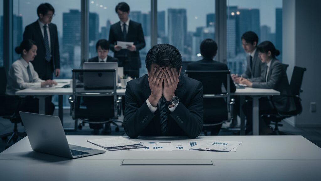 オフィスでキャリアの停滞に悩み、頭を抱える40代の日本人ビジネスマン