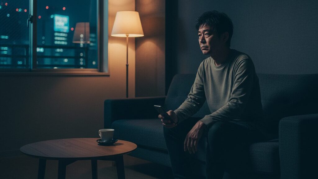 夜、自宅のリビングで一人ソファに座り孤独を感じている40代の独身日本人男性