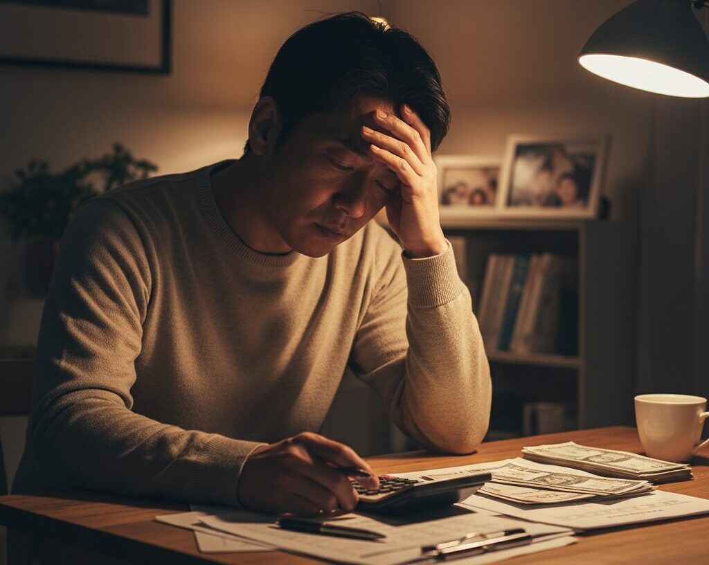老後の経済的な不安について悩み、電卓と家計簿を前にため息をつく40代の人物