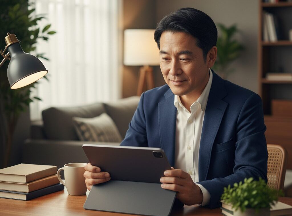 40代の日本人男性が自宅でタブレットを使い、NISAなどの資産運用（投資）を前向きな表情で確認している様子