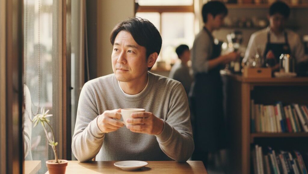 サードプレイスである近所のカフェで、コーヒーを飲みながらリラックスする40代の日本人男性
