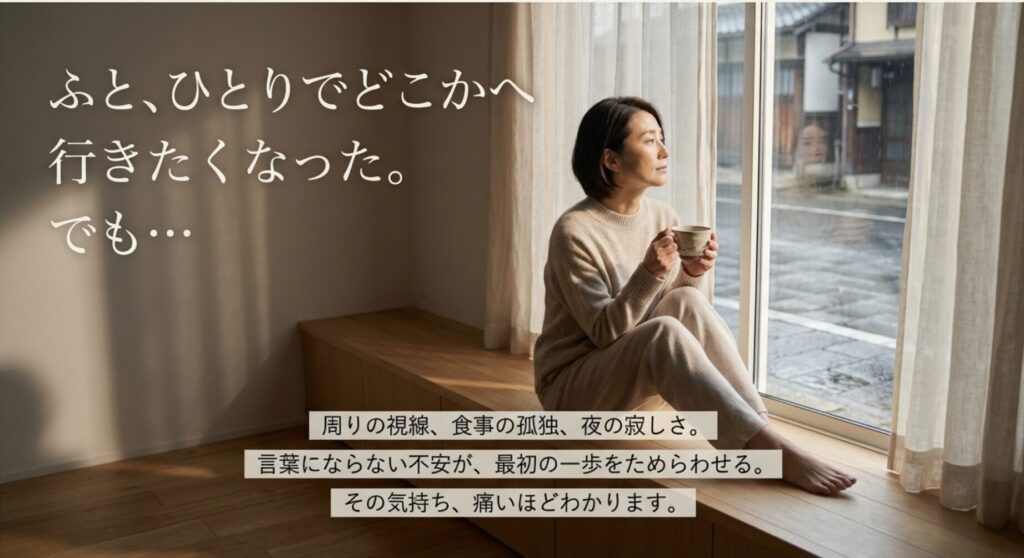 一人旅に行きたくなった女性の心情と、周囲の目や寂しさへの不安を描いたイメージ画像