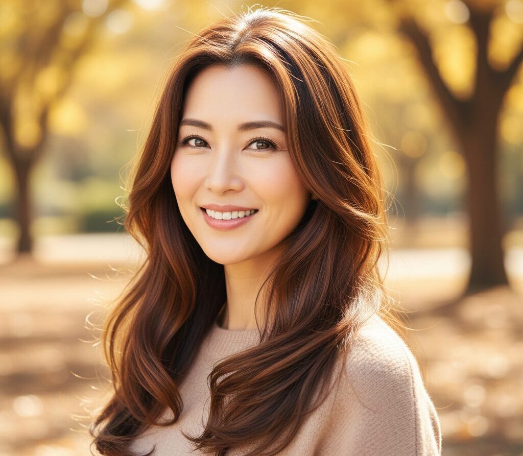 40代の女性の、光沢があり根元から立ち上がったボリュームのある艶やかなロングヘア。若見えする髪の質感の重要性