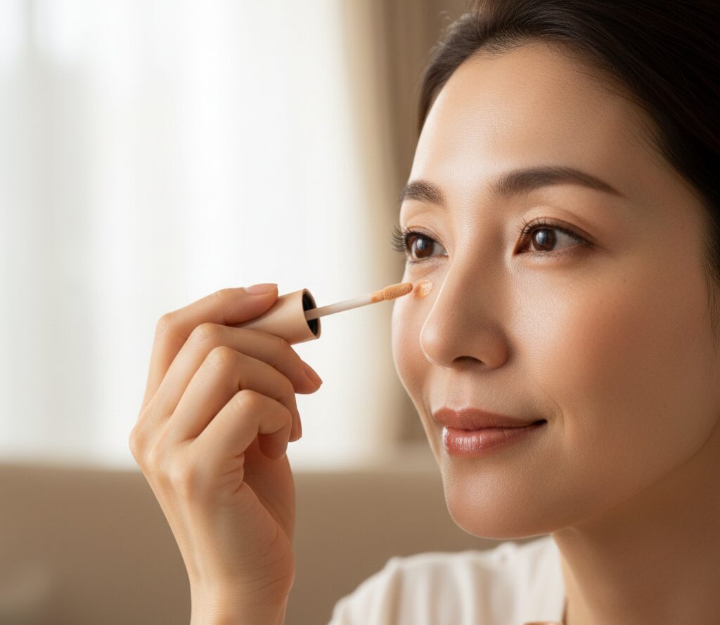 40代の女性がハイライトを使って肌に自然な艶を足している様子。厚塗りを避けた引き算メイクの実践