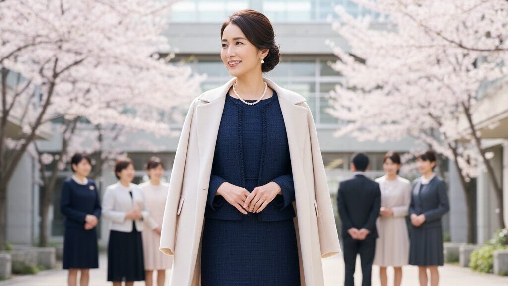 40代の女性が学校の行事に合わせて、上質な素材のセットアップやコートを着こなしている様子。品格あるTPOファッション。