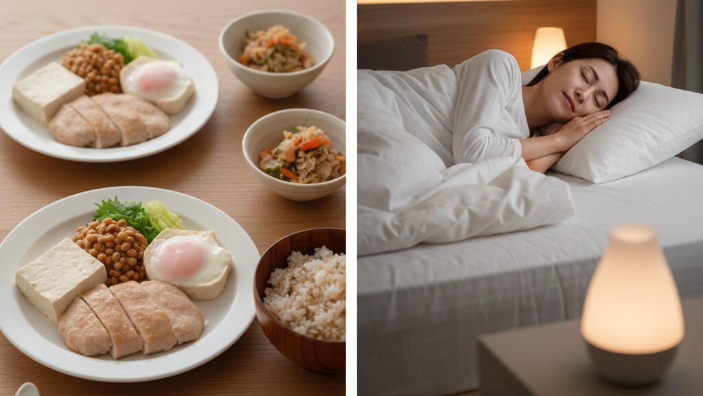 低脂質・高タンパクな夕食（豆腐や納豆など）と、質の高い睡眠を象徴する穏やかな寝室の光景。生活習慣による美の土台