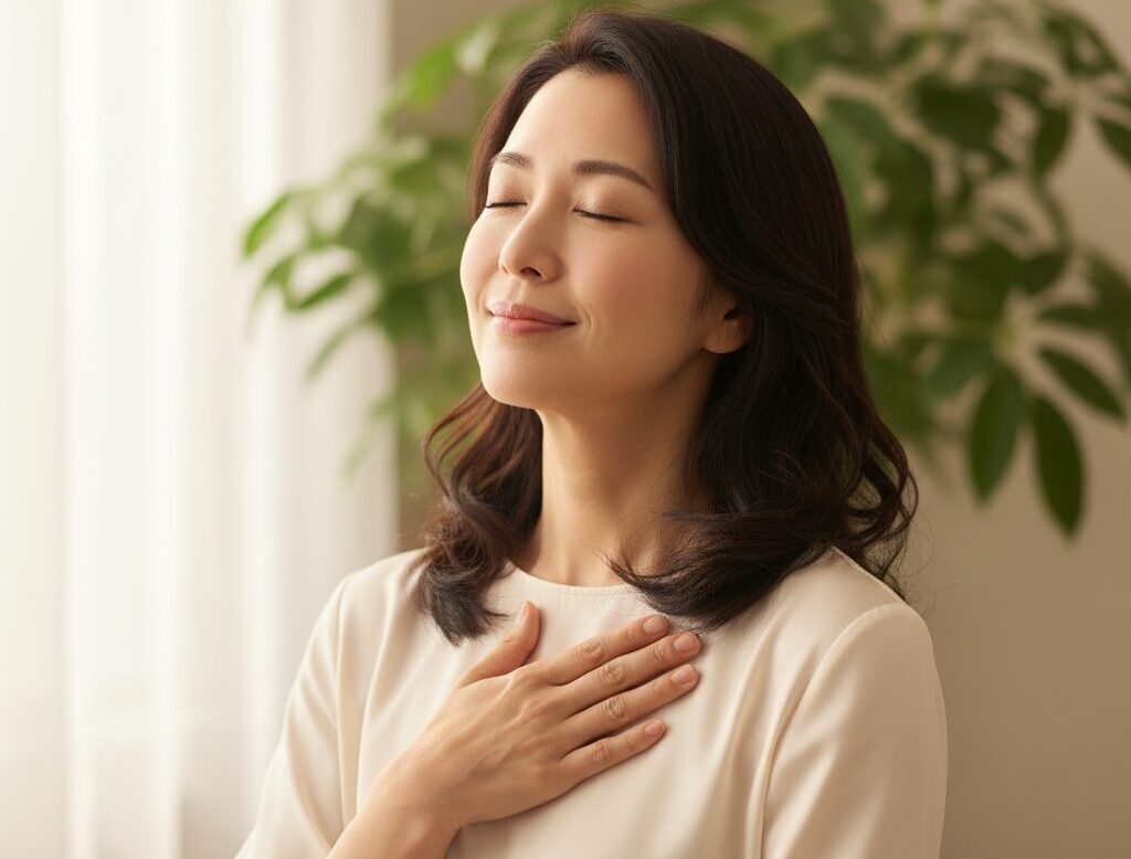 40代の女性が深呼吸し、穏やかな笑顔を保っている様子。精神的な余裕がもたらす大人の魅力と落ち着いた雰囲気