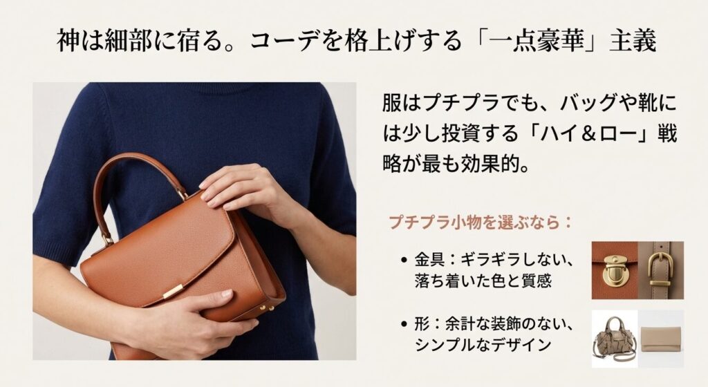 プチプラ服を格上げするバッグ選びとハイ&ロー戦略