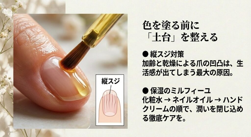 加齢による爪の縦スジ対策と保湿のミルフィーユ手順