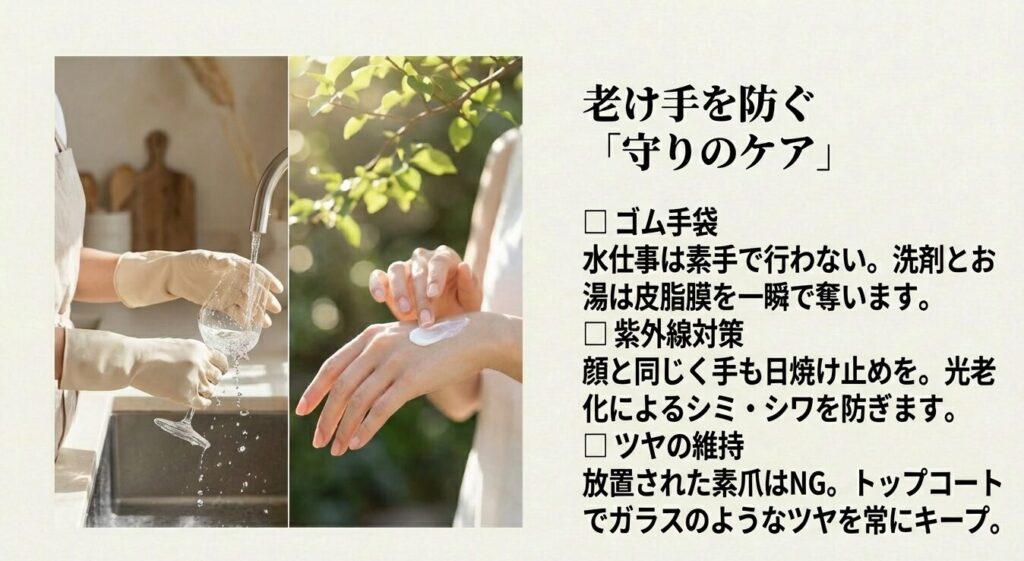 ゴム手袋での保護や紫外線対策など老け手を防ぐ重要ケア