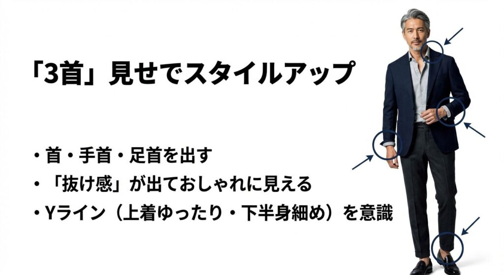 スタイルアップして見える3首見せとYラインシルエットの図解