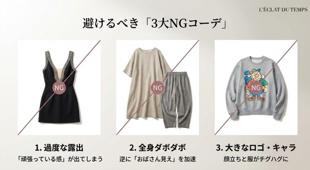 40代女性が避けるべき3大NGコーデ（露出・ダボダボ・キャラもの）
