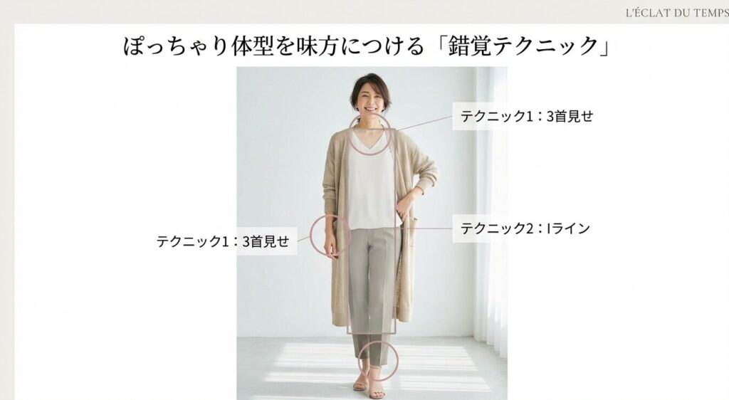 3首見せとIラインシルエットによる体型カバーの錯覚テクニック