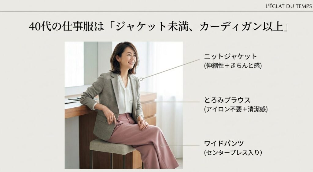 40代オフィスカジュアルにおすすめのニットジャケット・とろみブラウス・ワイドパンツ