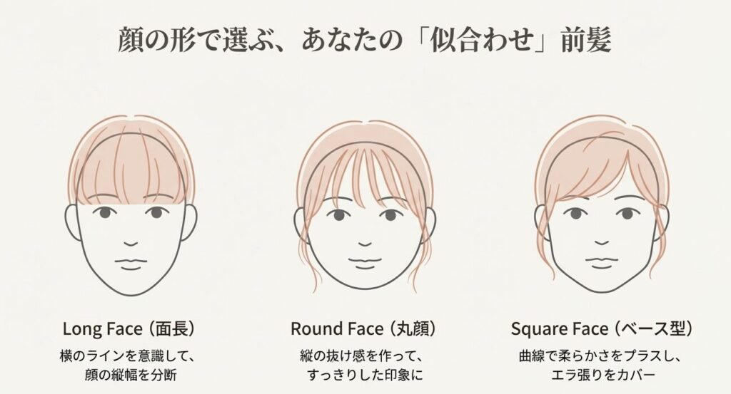 面長、丸顔、ベース型（エラ張り）それぞれの顔の形に合わせた、小顔に見える最適な前髪のイラスト解説。
