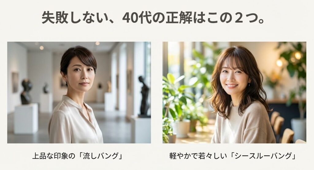 上品な印象の「流しバング」と軽やかで若々しい「シースルーバング」のモデル写真。40代の正解スタイル紹介