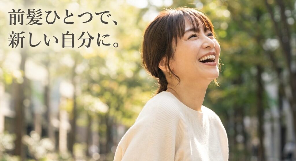前髪を作って自信に満ちた表情の女性のイメージ。「前髪ひとつで、新しい自分に」というメッセージ入り画像