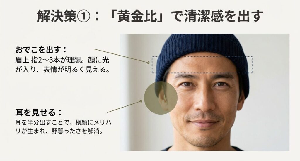 おでこと耳を出して清潔感を出す40代男性のニット帽のかぶり方黄金比