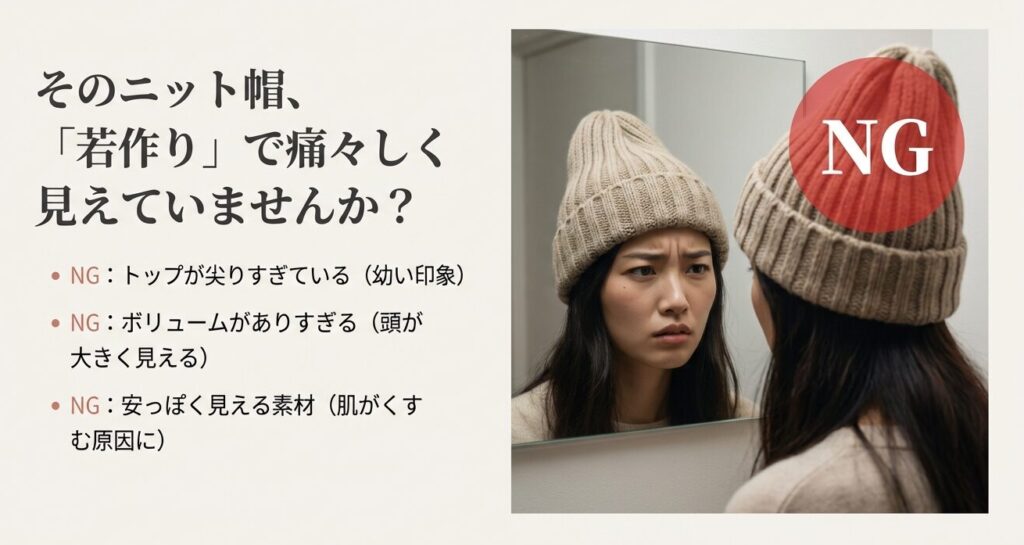 ニット帽のNG例：トップが尖りすぎている・ボリューム過多・安っぽい素材