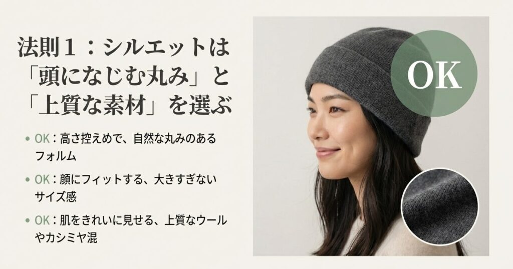40代に似合うニット帽の正解例：高さ控えめで丸みのあるフォルムと上質な素材