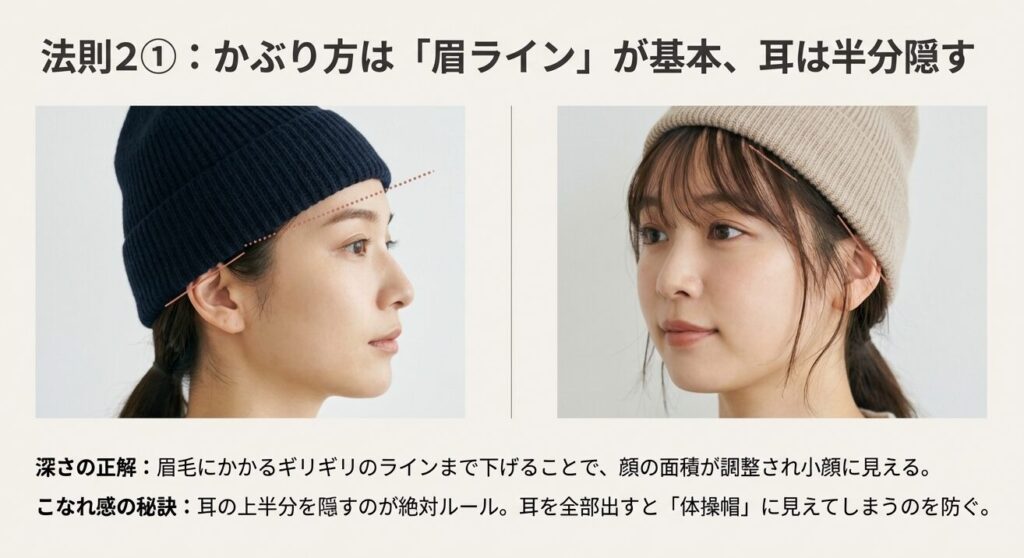 ニット帽のかぶり方図解：眉毛ラインまで深く被り耳を半分隠して小顔効果
