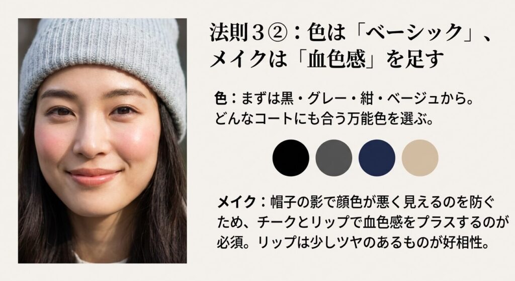 ニット帽着用時のメイク：チークとリップで血色感を足し顔色を明るく見せる